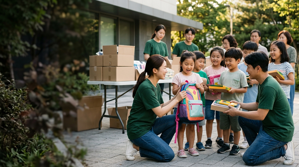Volunteers distributing school backpacks, art supplies, and books to smiling children